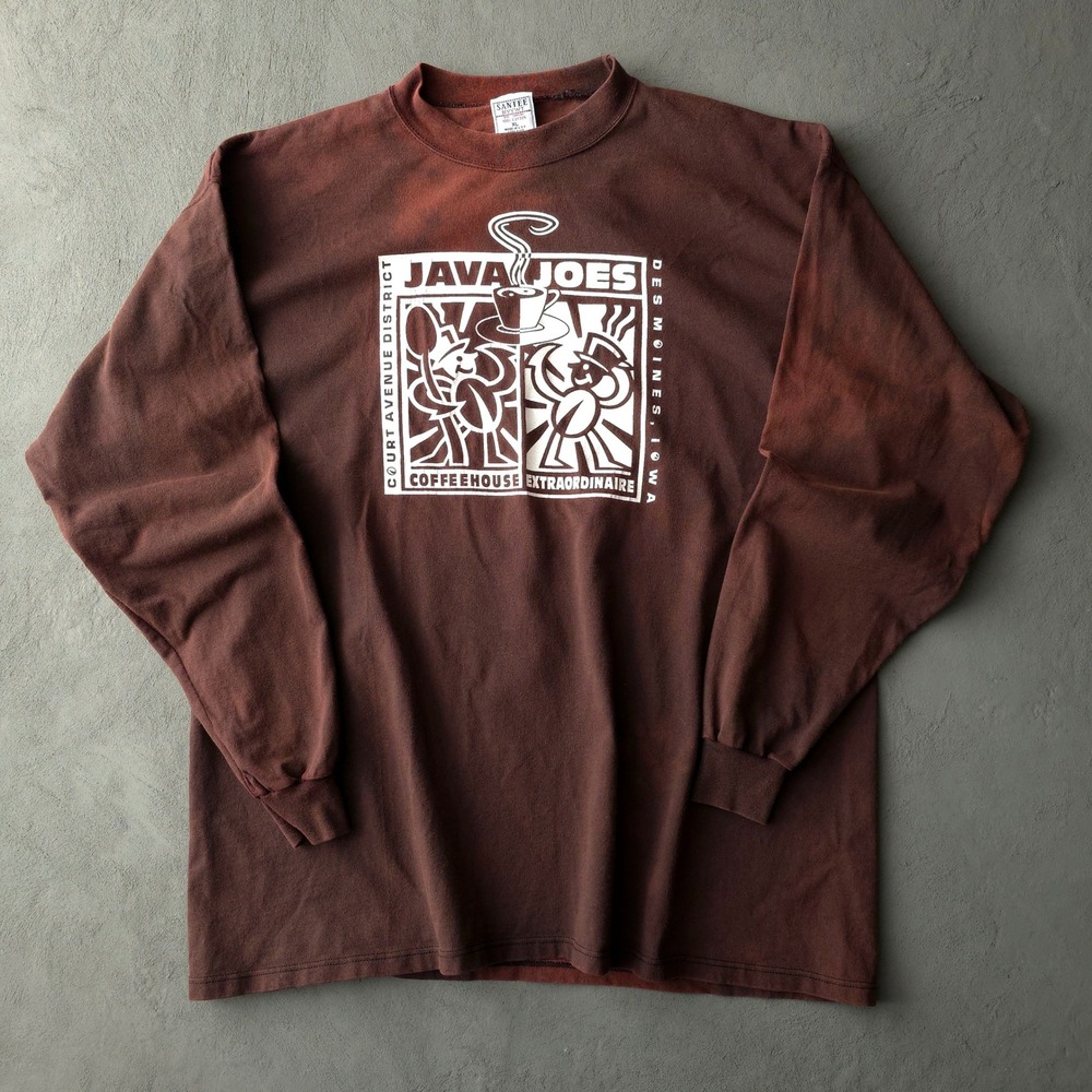 Vintage 90s Java Joes T-shirt XL Brown Bleach Faded Long Sleeve Santee